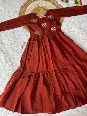 Rust Orange Soft Roman Silk Handwork Kardana Gown