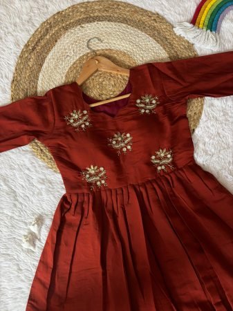 Rust Orange Soft Roman Silk Handwork Kardana Gown