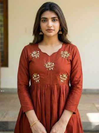 Rust Orange Soft Roman Silk Handwork Kardana Gown