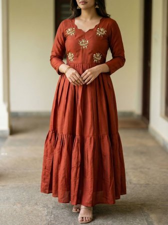 Rust Orange Soft Roman Silk Handwork Kardana Gown