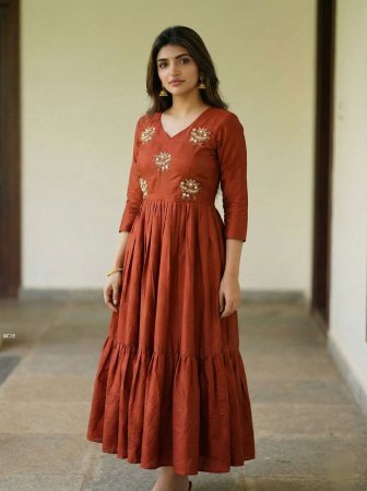 Rust Orange Soft Roman Silk Handwork Kardana Gown