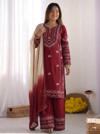 Maroon Rayon Cotton Kurti Set with Embroidery And Farsi Pant Dupatta