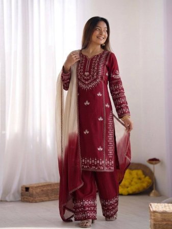 Maroon Rayon Cotton Kurti Set with Embroidery And Farsi Pant Dupatta