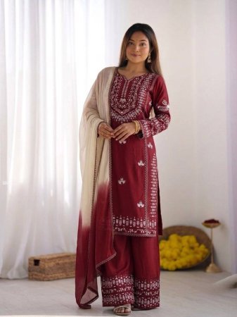 Maroon Rayon Cotton Kurti Set with Embroidery And Farsi Pant Dupatta