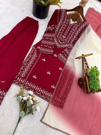 Maroon Rayon Cotton Kurti Set with Embroidery And Farsi Pant Dupatta