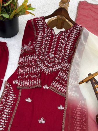 Maroon Rayon Cotton Kurti Set with Embroidery And Farsi Pant Dupatta