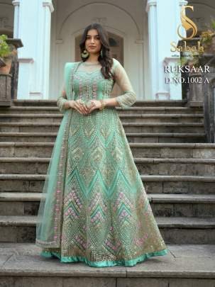 Sabah Ruksaar 1002 A Sea Green Heavy Butterfly Net Gown