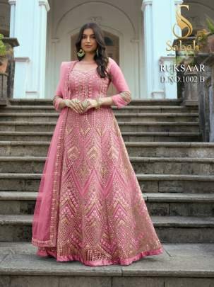 Sabah Ruksaar 1002 B Pink Heavy Butterfly Net Gown