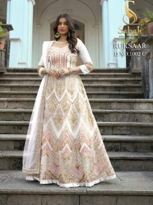 Sabah Ruksaar 1002 C White Heavy Butterfly Net Gown