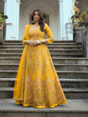 Sabah Ruksaar 1002 E Yellow Heavy Butterfly Net Gown  