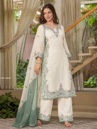 Sage Green Satin Silk Pakistani Suits Set With Embroidery Work