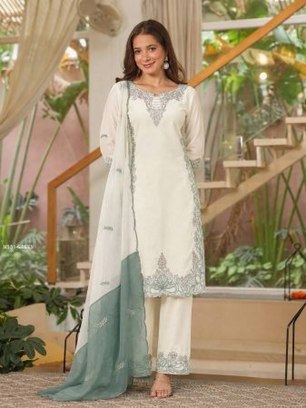 Sage Green Satin Silk Pakistani Suits Set With Embroidery Work