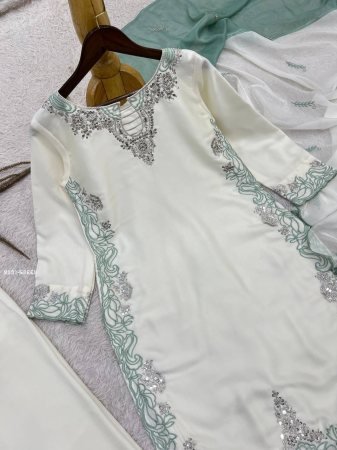 Sage Green Satin Silk Pakistani Suits Set With Embroidery Work