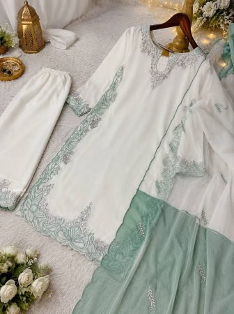 Sage Green Satin Silk Pakistani Suits Set With Embroidery Work