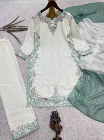 Sage Green Satin Silk Pakistani Suits Set With Embroidery Work