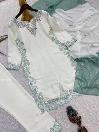 Sage Green Satin Silk Pakistani Suits Set With Embroidery Work