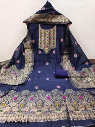 Blue Pure Chanderi Banarasi Silk Dress Material For Women
