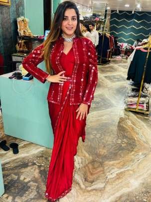 Satin Silk Fabric Red Sequence Work Ready To Wear Saree With Jacket