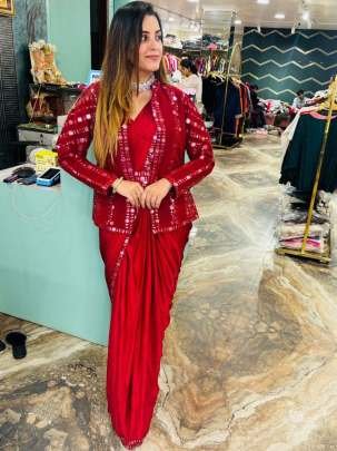 Satin Silk Fabric Red Sequence Work Ready To Wear Saree With Jacket