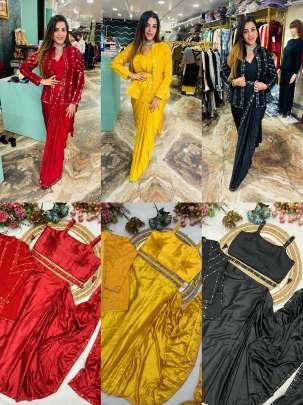 Satin Silk Fabric Red Sequence Work Ready To Wear Saree With Jacket