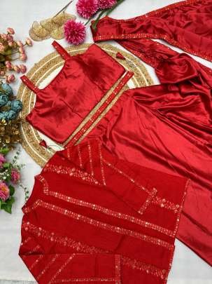 Satin Silk Fabric Red Sequence Work Ready To Wear Saree With Jacket