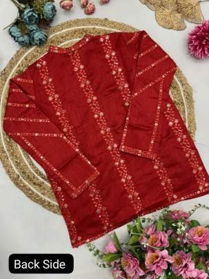 Satin Silk Fabric Red Sequence Work Ready To Wear Saree With Jacket