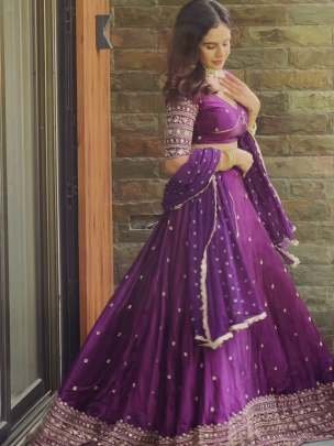 Satin Silk Violet Colour Sequence Work Lehenga