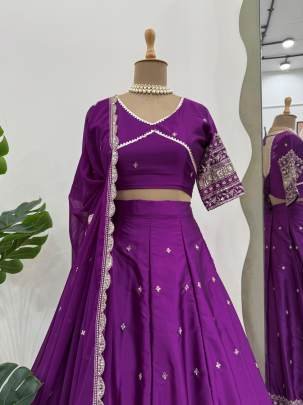 Satin Silk Violet Colour Sequence Work Lehenga