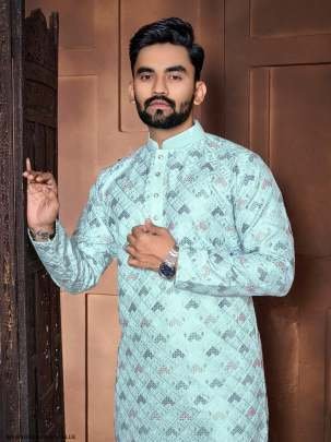 Sea Blue Maharaja Emrboidered Italian Silk Men Kurta With Pajama