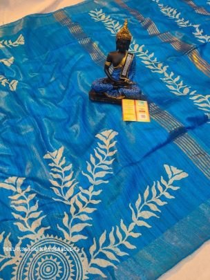 Sea Blue Screen Printed Original Tussar Ghicha Silk Saree 17