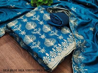 Sea Blue Vichitra Silk Unstitched Salwar Suit Set