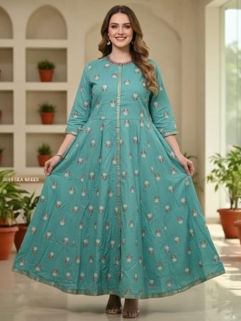 Sea Green Abhla Work and Foil Printed Anarkali Kurti for Women