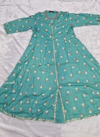 Sea Green Abhla Work and Foil Printed Anarkali Kurti for Women