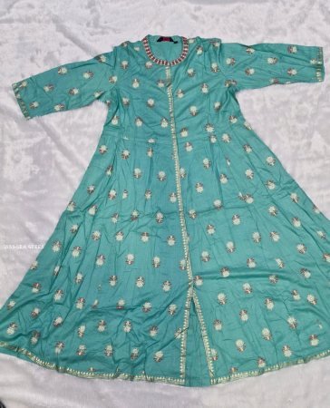 Sea Green Abhla Work and Foil Printed Anarkali Kurti for Women