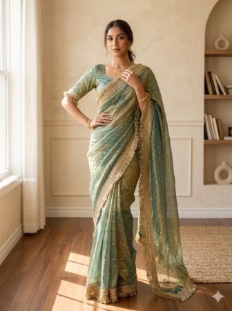 Sea Green Designer Butti Work Saree with Elegant Golden Zari Border