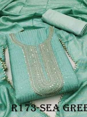 Sea Green Designer Chanderi Unstitched Suits With Crosset Work