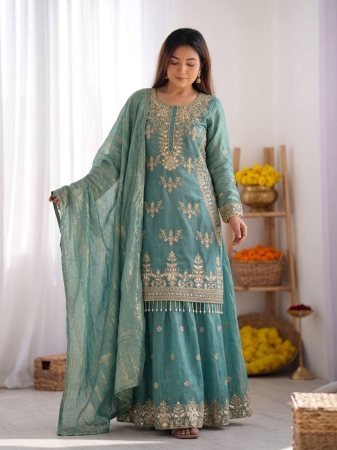Sea Green Fendy Silk Sharara Suit Set With Fancy Embroidery