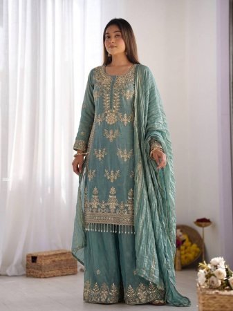 Sea Green Fendy Silk Sharara Suit Set With Fancy Embroidery