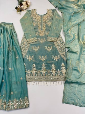 Sea Green Fendy Silk Sharara Suit Set With Fancy Embroidery