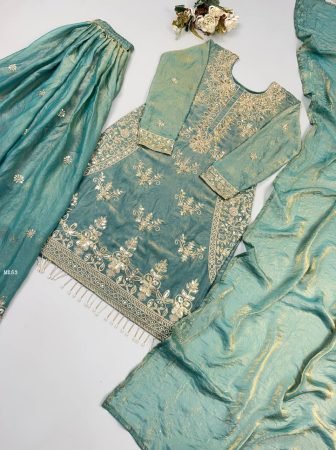 Sea Green Fendy Silk Sharara Suit Set With Fancy Embroidery