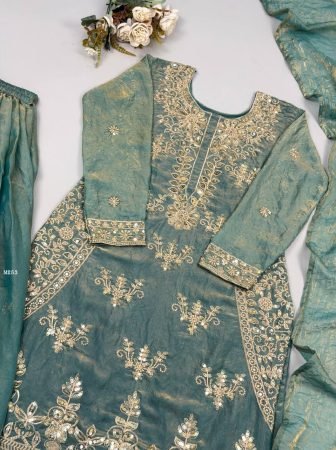 Sea Green Fendy Silk Sharara Suit Set With Fancy Embroidery