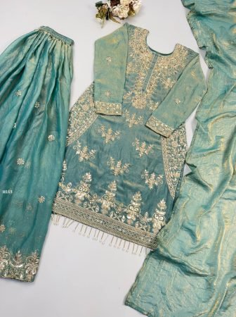 Sea Green Fendy Silk Sharara Suit Set With Fancy Embroidery