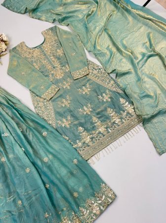 Sea Green Fendy Silk Sharara Suit Set With Fancy Embroidery
