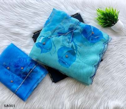 Semi Organza Handcraft Work Saree With Printed Organza Blouse