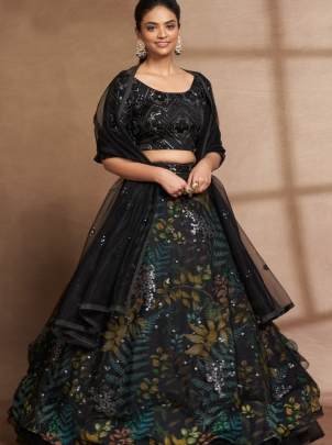 Semi Stitched Black Organza Digital Printed and Sequence Work Lehenga Choli
