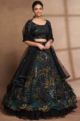 Semi Stitched Black Organza Digital Printed and Sequence Work Lehenga Choli