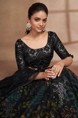Semi Stitched Black Organza Digital Printed and Sequence Work Lehenga Choli