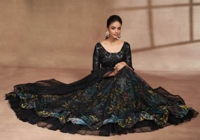 Semi Stitched Black Organza Digital Printed and Sequence Work Lehenga Choli
