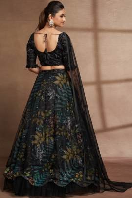 Semi Stitched Black Organza Digital Printed and Sequence Work Lehenga Choli