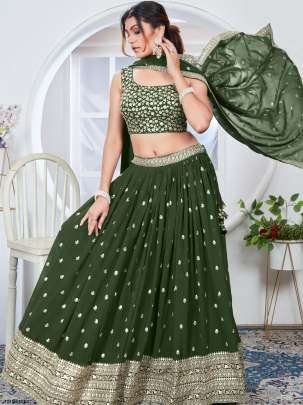 Semi Stitched Green Georgette Lehenga Choli For Women